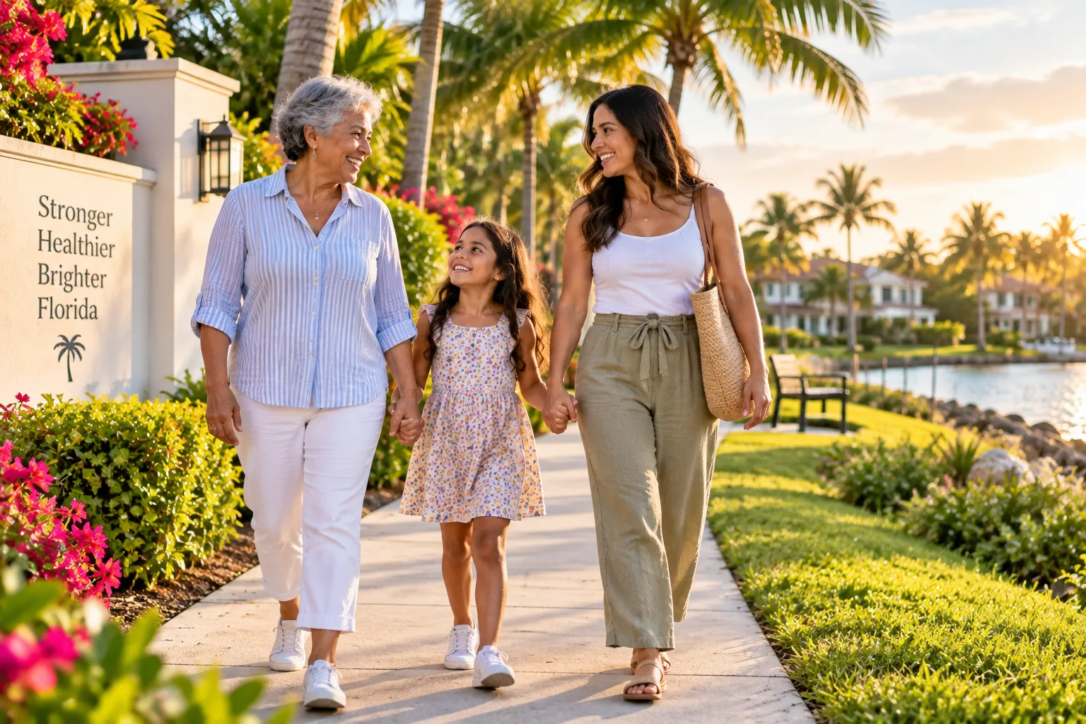 Multigenerational Florida family walking together in a sunny neighborhood