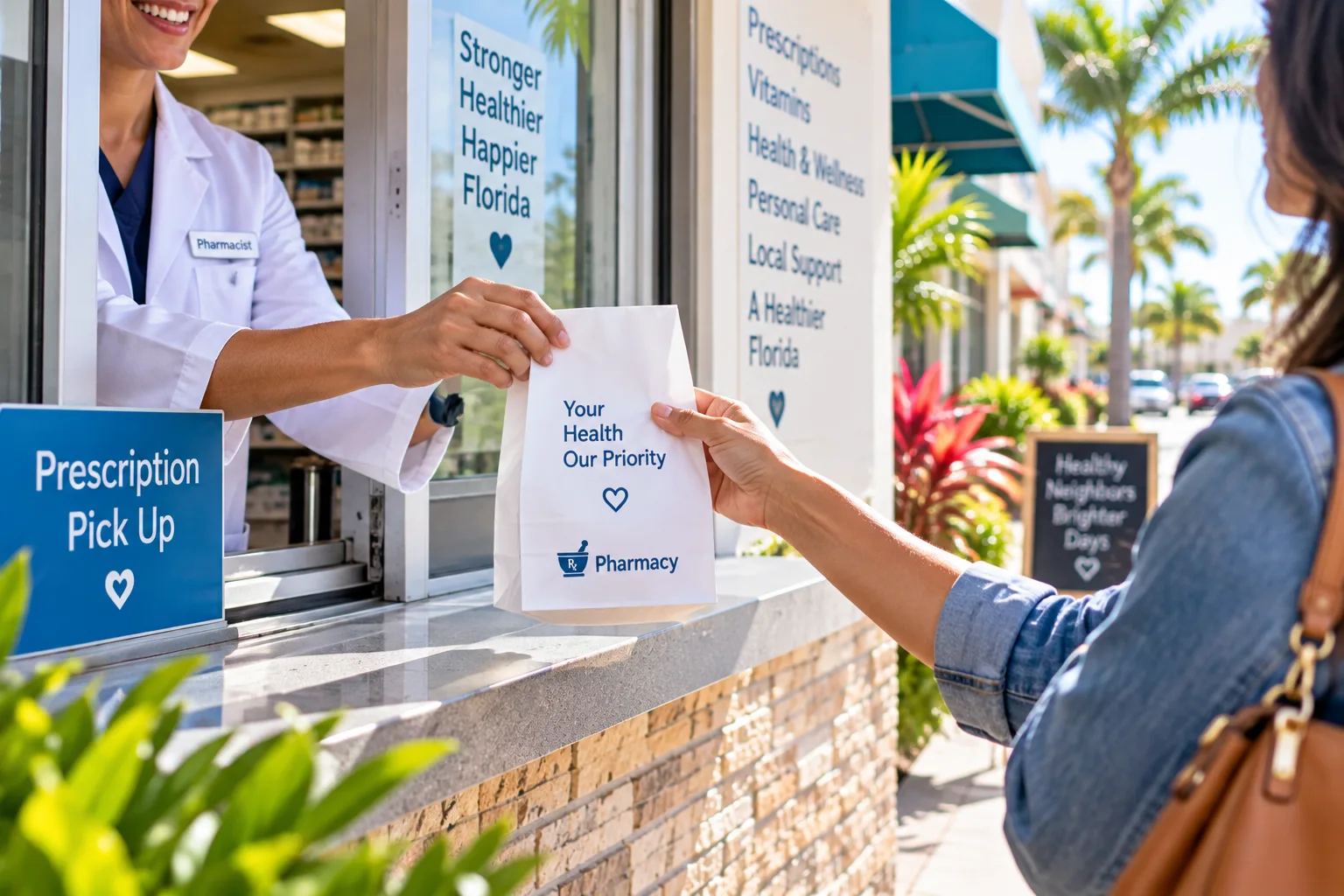Comparing Florida Marketplace Health Plans Florida resident picking up a covered prescription from a neighborhood pharmacy